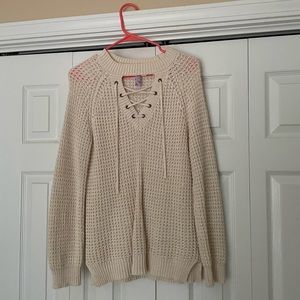 Ivory Sweater with Lace Up Neck